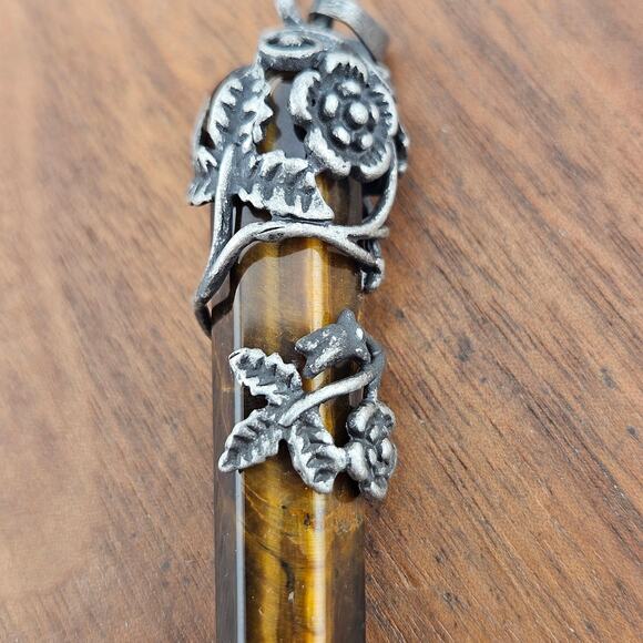 Silver Tone Wrapped Tiger Eye Brown Obelisk Pendant Fairy Renaissance Cosplay - Picture 2 of 4